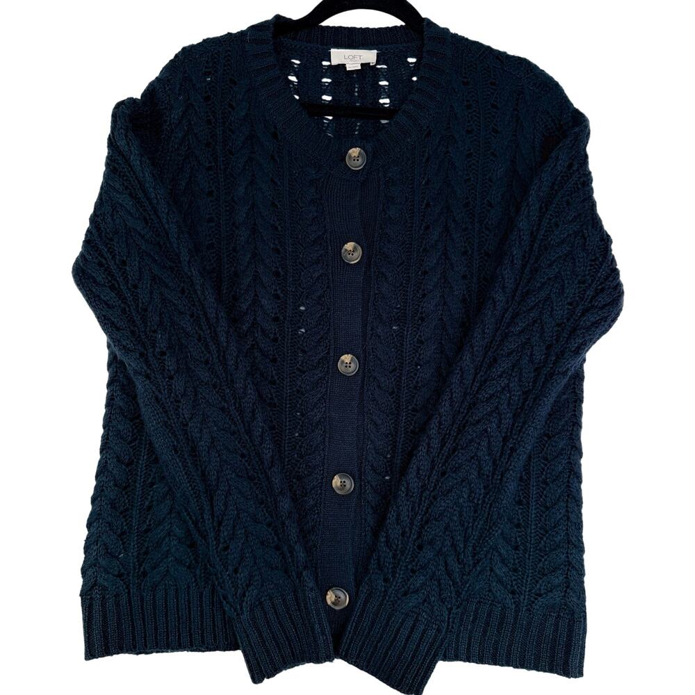 Loft Outlet Classic Cable Knit Navy Blue Cardigan XL - Picture 2 of 6